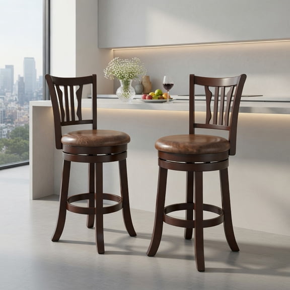 Demi Bonn 24 Inch Counter Height Swivel Bar Stools Set of 2, Padded Back Solid Rubber Wood Frame, Brown