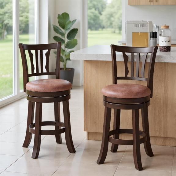 Demi Bonn 24 Inch Counter Height Swivel Bar Stools Set of 2, Padded Back Solid Rubber Wood Frame, Brown