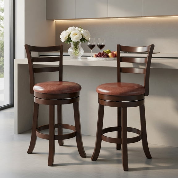 Demi Bonn 24 Inch Counter Height Swivel Barstools Set of 2, Faux Leather Seat Wrap-around Footrest, Brown