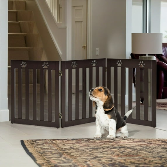 Demi Bonn 24" Indoor Freestanding Pet Gate, 3-Panel Indoor Foldable Dog Fence for Stairs, Hallways, or Doorways, Retractable Dog Gates, Brown