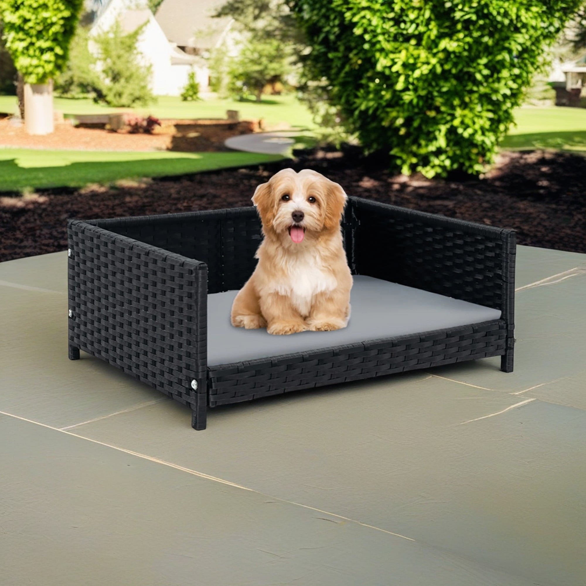 resenkos 24" Pet Furniture Dog Bed for Cat and Dog House/Kennel, Seasonal PE Rattan Pet Bed with Waterproof Soft Cushion for Medium Small Dogs Cats, Dark Gray