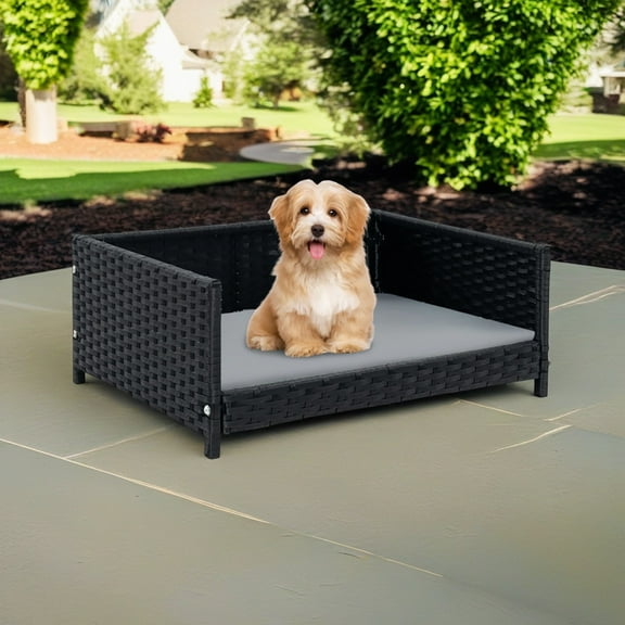 Demi Bonn 24" Pet Furniture Dog Bed for Cat and Dog House/Kennel, Seasonal PE Rattan Pet Bed with Waterproof Soft Cushion for Medium Small Dogs Cats, Dark Gray