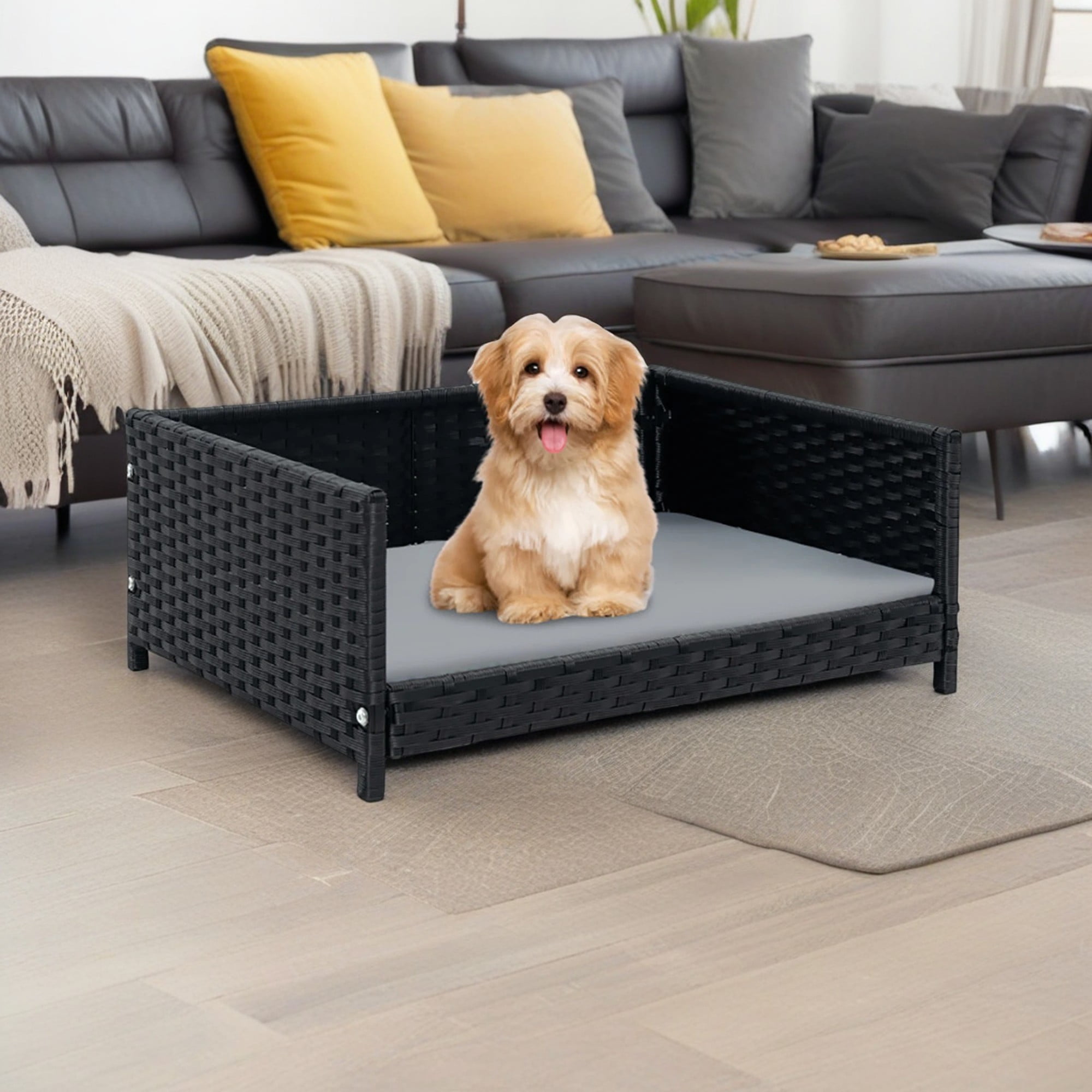 resenkos 24" Rattan Dog Bed with Waterproof Soft Cushion, Seasonal PE Wicker Pet Furniture for Cat and Dog House/Kennel, Dark Gray