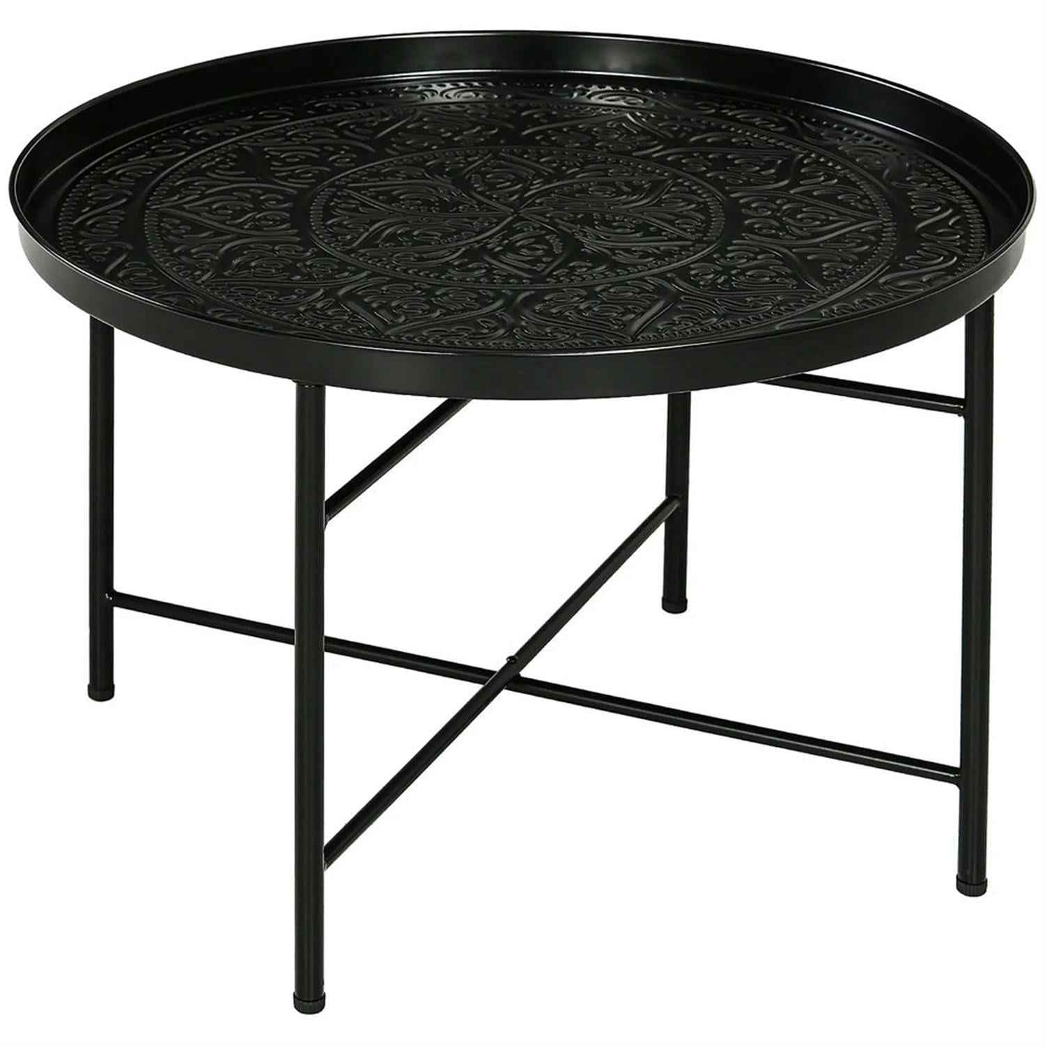 Demi Bonn 24" Round Living Room Coffee Table with Hammered Metal Frame, Pewter for Bedroom, Stylish Center Table, Black