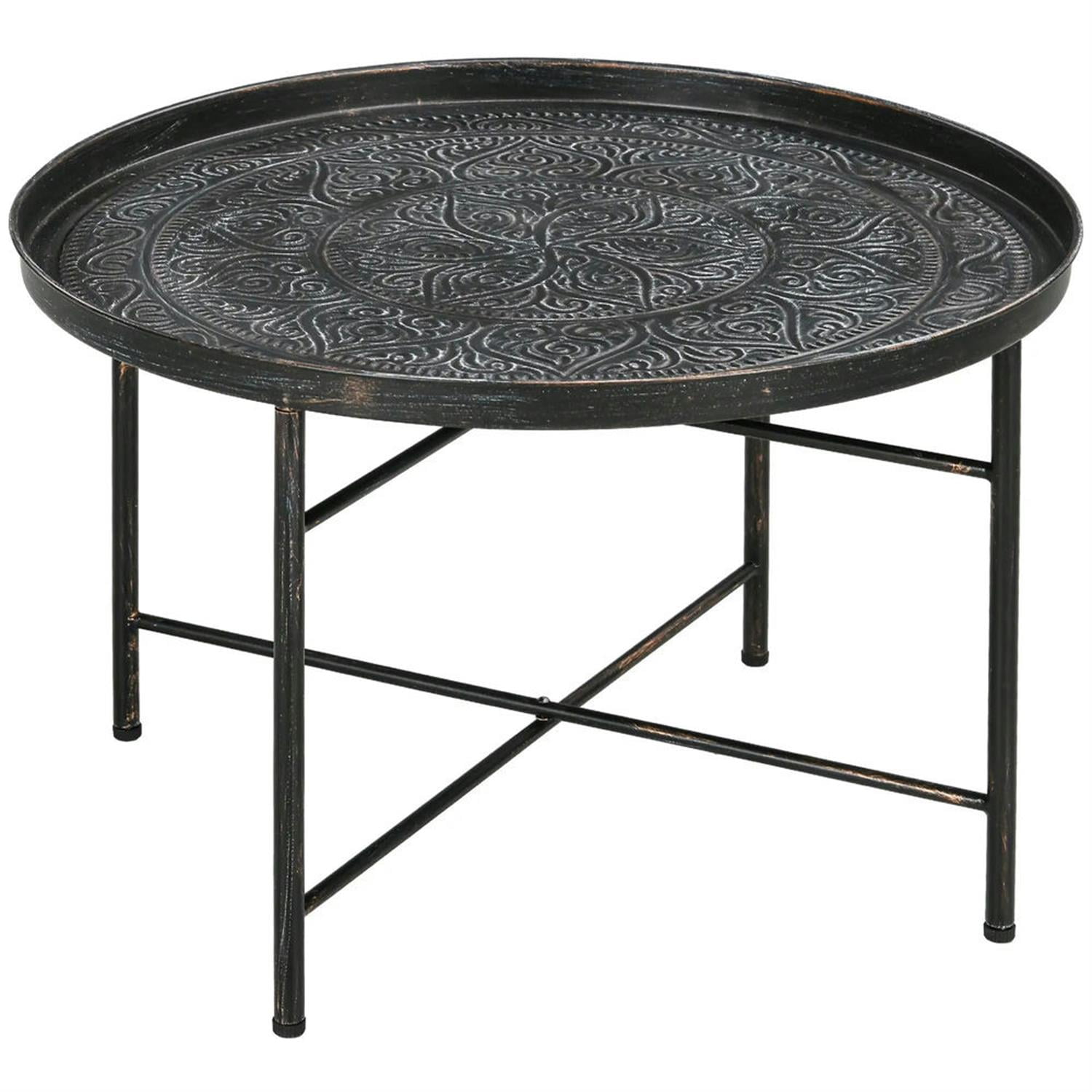 Demi Bonn 24" Round Living Room Coffee Table with Hammered Metal Frame, Pewter for Bedroom, Stylish Center Table, Gray
