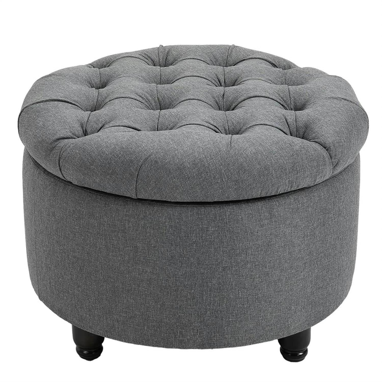 Demi Bonn 24" Round Ottoman Storage Footstool with Linen-touch Fabric, Removable Lid, Button Tufted Footrest for Living Room and Bedroom, Gray