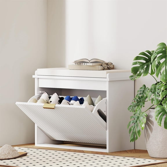 Demi Bonn 24" Shoe Storage Bench with Padded Seat Cushion and Flip-Drawer, Entryway Bench, Shoe Cabinet, White