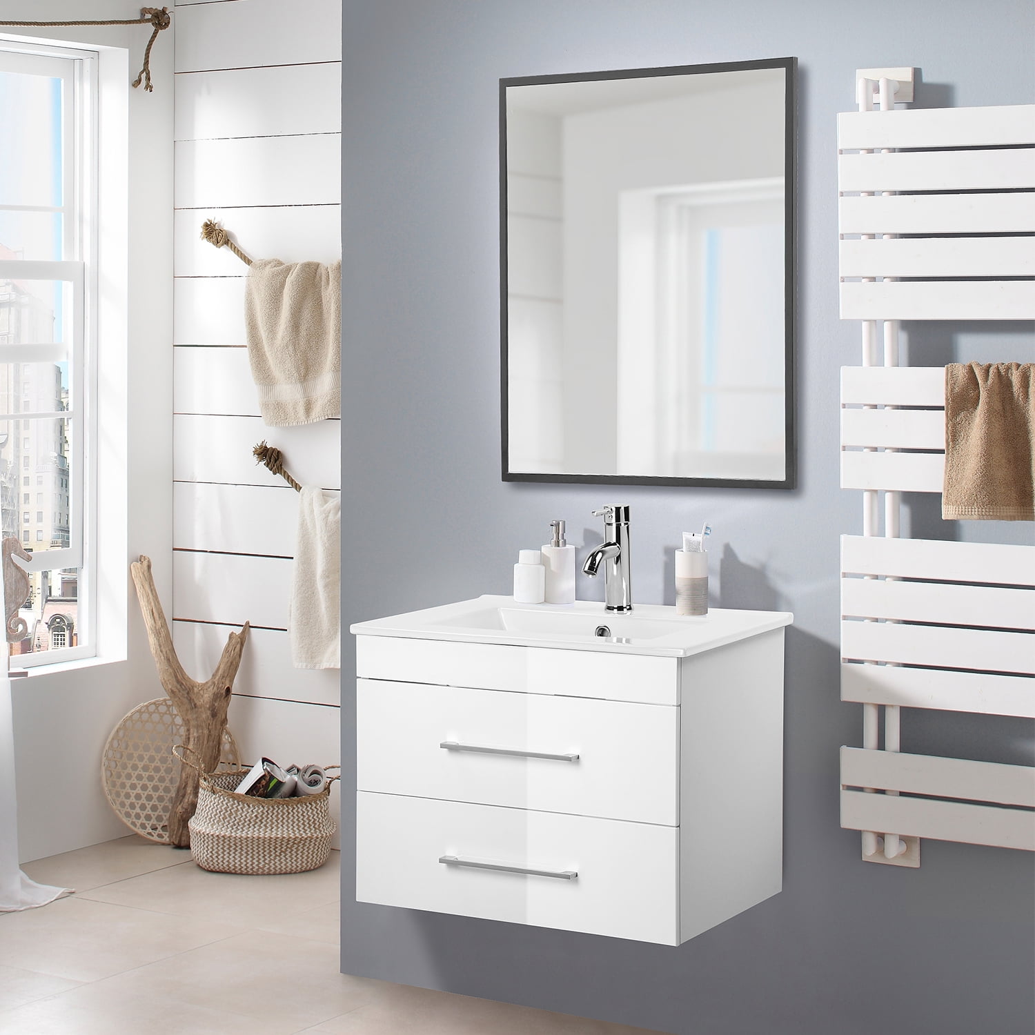 Demi Bonn 24" Wall-Mounted Bathroom Vanity with Ceramic Sink, 2 Soft-Close Drawers and Aluminum Frame Mirror, Faucets and Drains Not Included, White