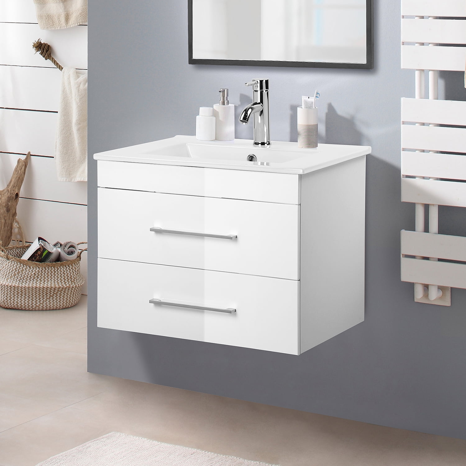 Demi Bonn 24" Wall-Mounted Bathroom Vanity with Ceramic Sink and 2 Soft-Close Drawers, Faucets and Drains Not Included, White