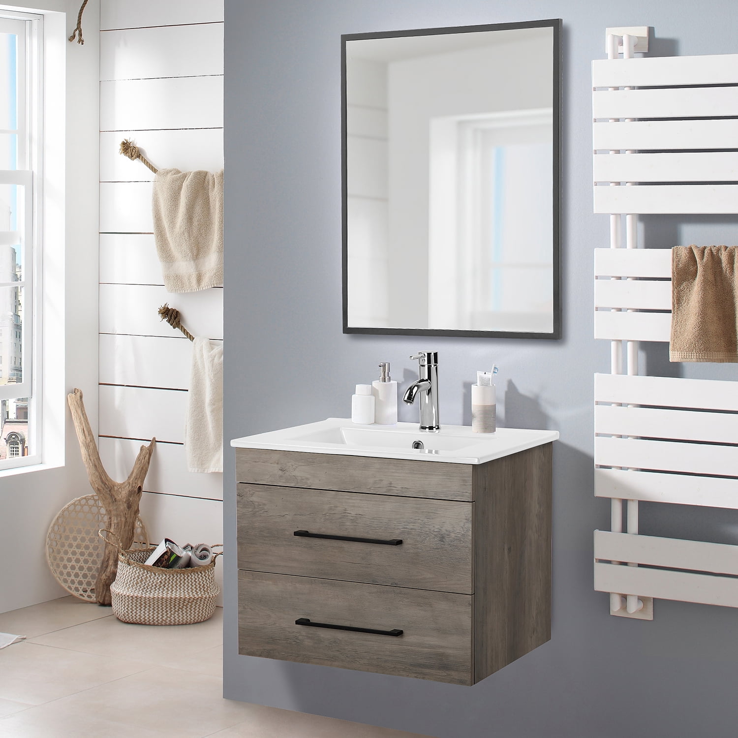 Demi Bonn 24" Wood Grain Wall-Mounted Bathroom Vanity with Ceramic Sink, 2 Soft-Close Drawers and Aluminum Frame Mirror, Faucets and Drains Not Included, Gray
