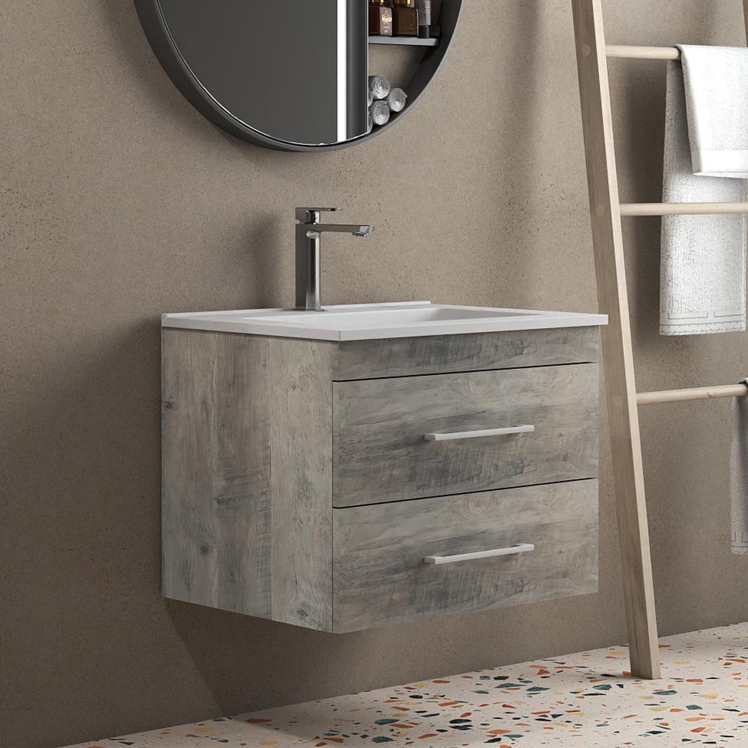 Demi Bonn 24" Wood Grain Wall-Mounted Bathroom Vanity with Ceramic Sink and 2 Soft-Close Drawers, Faucets and Drains Not Included, Gray