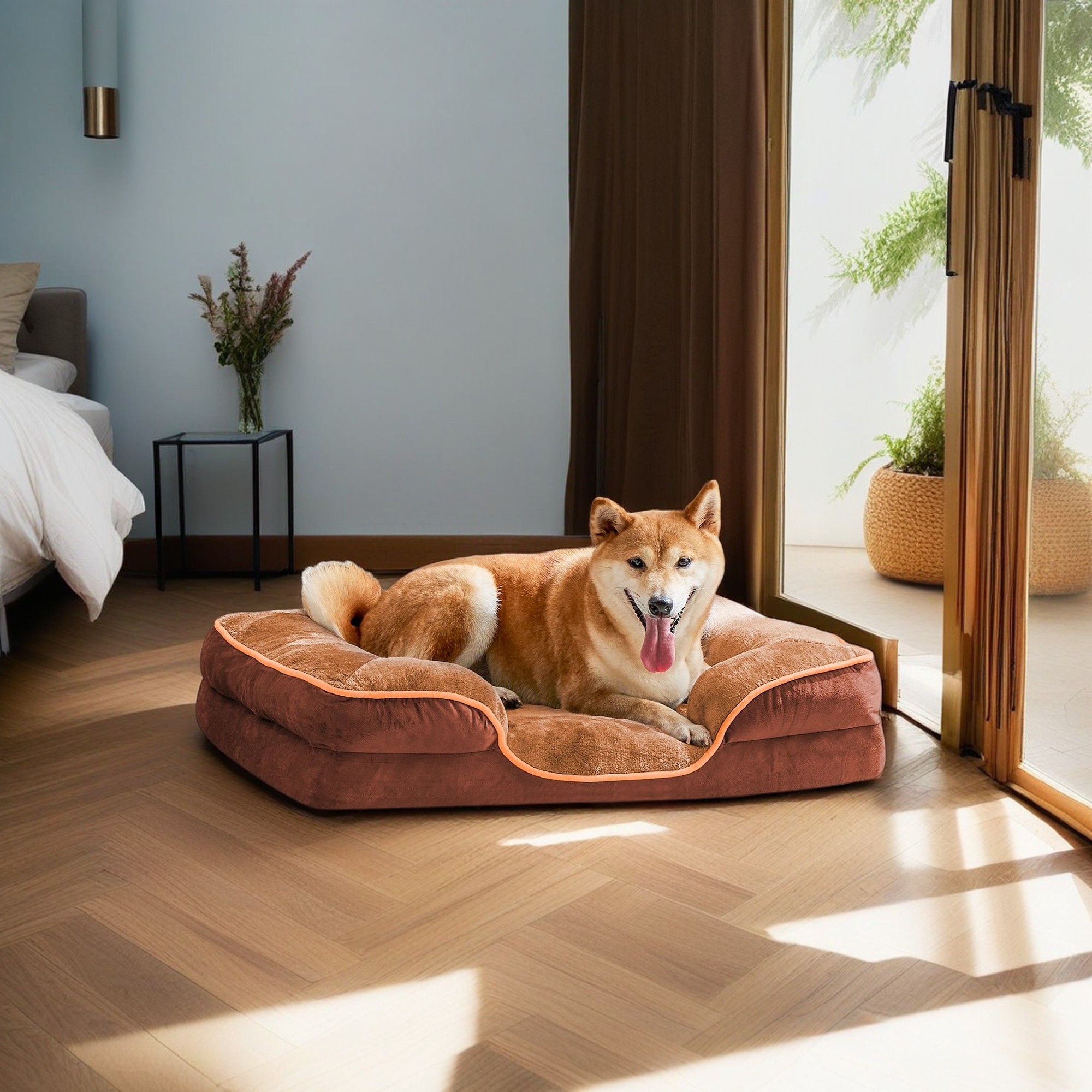resenkos 24"x18" Orthopedic Dog Beds, Waterproof Memory Foam Dog Sofa Bed with Sides, Non-Slip Bottom Pet Bed with Washable Removable Cover, Brown