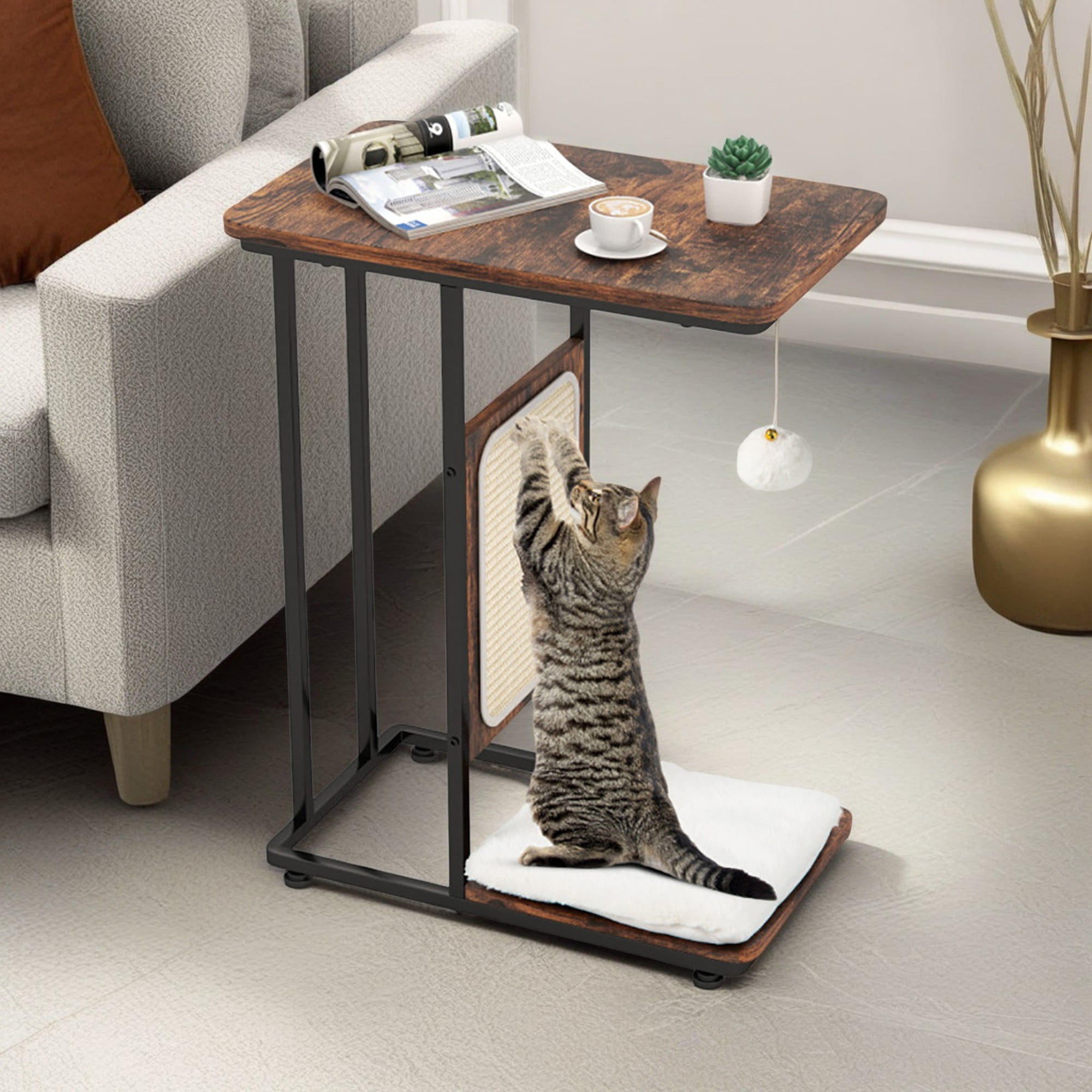 Kadyn 25" C- Shaped Cat Scratching Post Furniture, Cat Tree Table with Scratcher Board, Cat Board Pads Prevents Furniture Damage, Brown