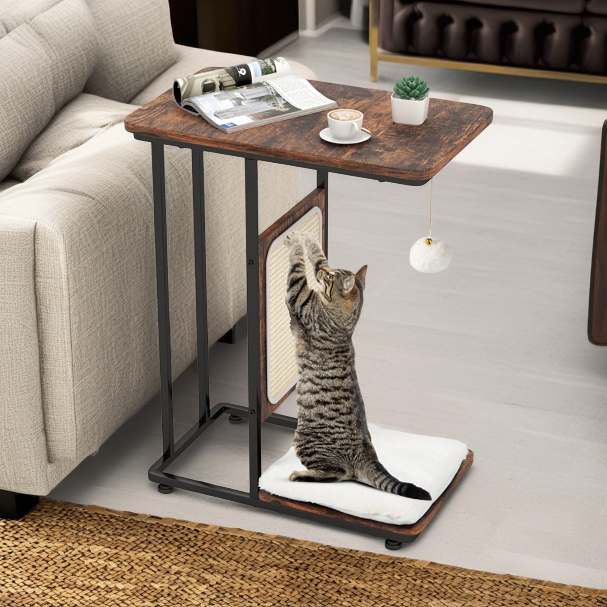 Kadyn 25" Cat Scratcher Furniture Side Table, Cat Scratching Tree with Scratching Board Prevents Furniture Damage, Brown