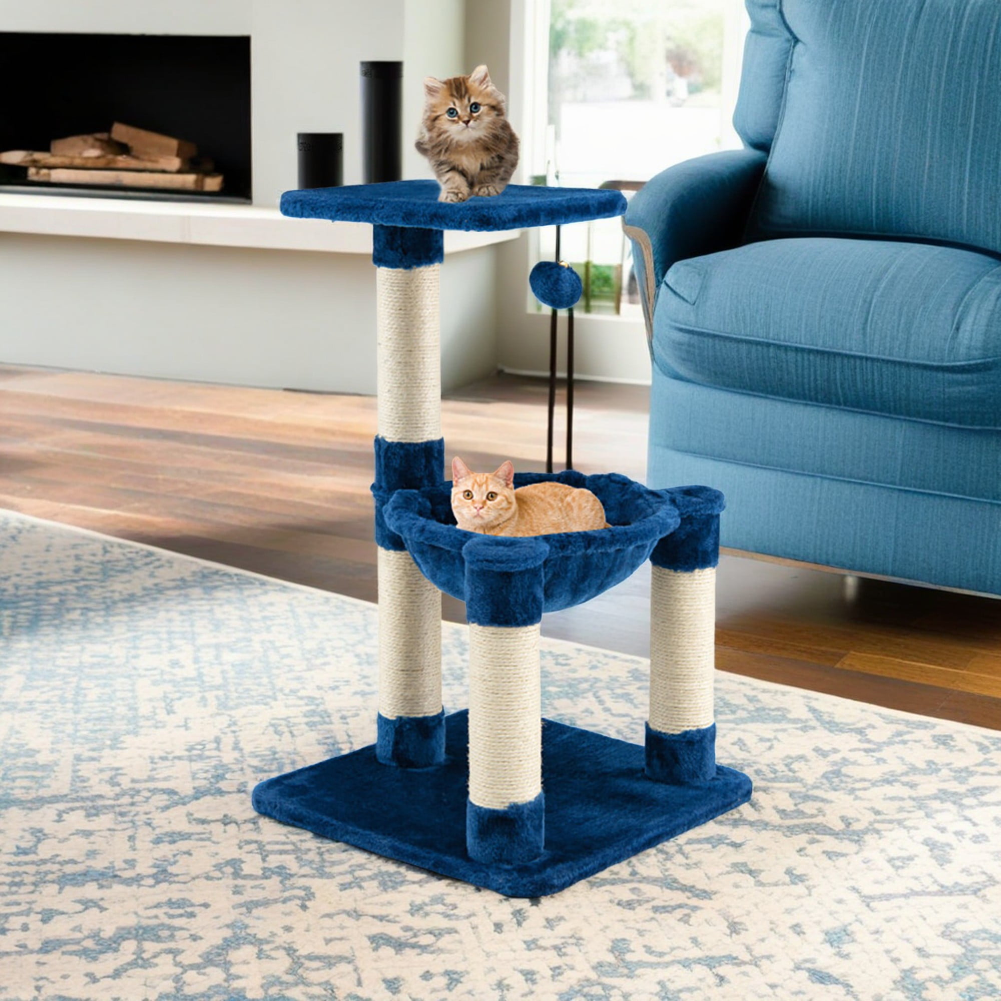 Kadyn 25" Cat Scratching Post, Sisal Rope Scratcher Tree with Hammock and Dangling Ball, Multi-level Cat Tree for Kittens and Adult Cats, Blue