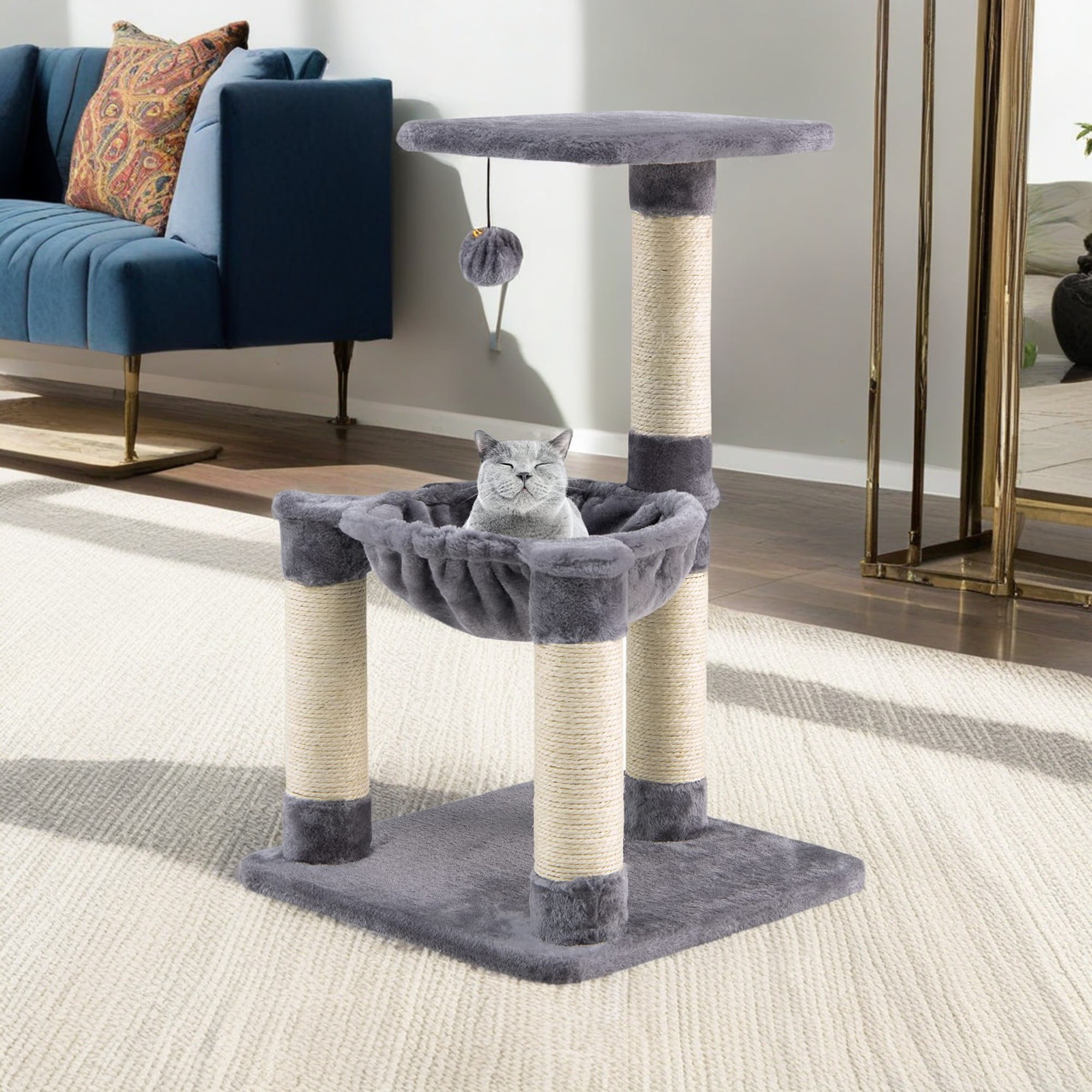 Kadyn 25" Cat Scratching Post, Sisal Rope Scratcher Tree with Hammock and Dangling Ball, Multi-level Cat Tree for Kittens and Adult Cats, Gray Kadyn 25" Cat Scratching Post, Sisal Rope Scratcher Tree with Hammock and Dangling Ball, Multi-level Cat Tree for Kittens and Adult Cats, Gray