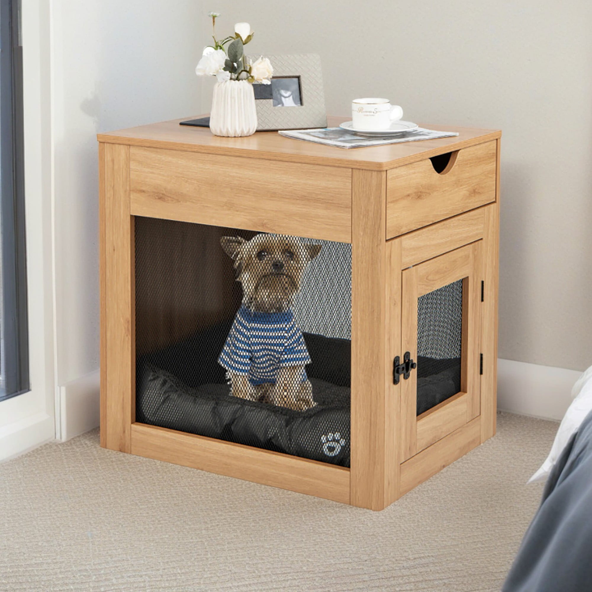 Kadyn 25" Dog Crates for Medium Dogs, Wood Dog Cage Furniture with Drawer and Removable Dog Bed, Dog Kennel for Indoor, Dog House, Beige