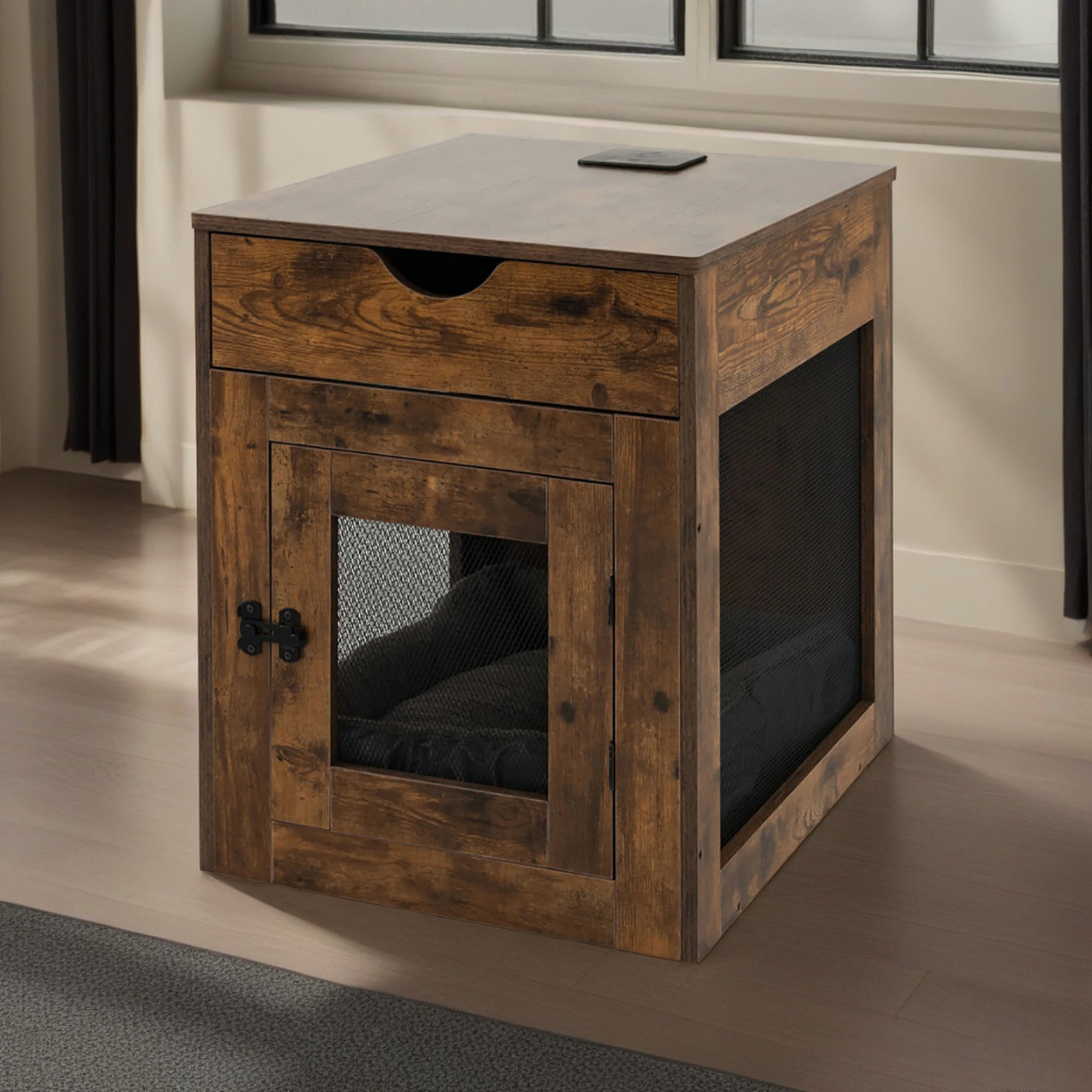 Kadyn 25" Dog Crates for Medium Dogs, Wood Dog Cage Furniture with Drawer and Removable Dog Bed, Dog Kennel for Indoor, Dog House, Brown