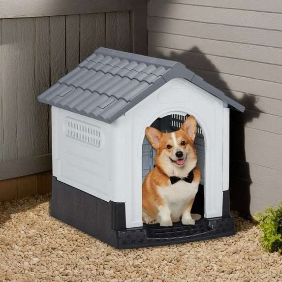 Demi Bonn 25" Dog House Indoor Outdoor Insulated Kennel Durable Plastic Doghouse for Small Dogs Weather, Water Resistant Dog Shelter with Air Vents, Gray