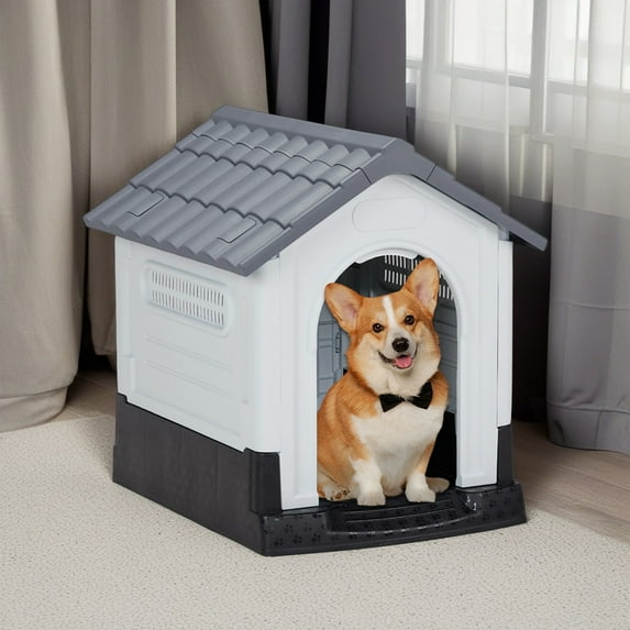 Demi Bonn 25" Durable Waterproof Plastic Dog House for Small Dogs, Indoor Outdoor Doghouse Puppy Shelter Kennel with Elevated Floor, Gray