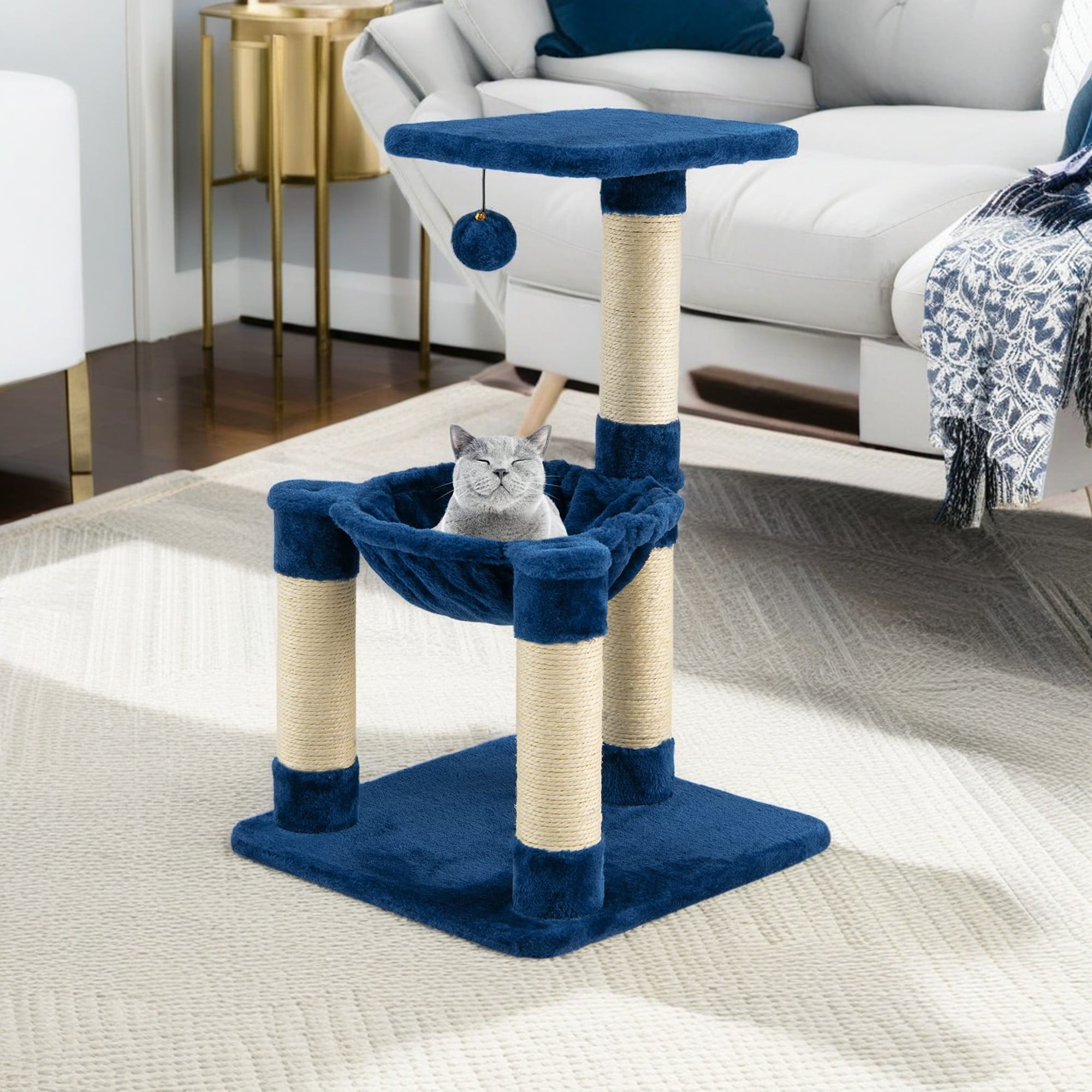 Kadyn 25" Indoor Cat Scratching Post, Multi-level Cat Tree with Hammock, Cat Scratcher Tree with Sisal Rope and Hanging Ball, Blue