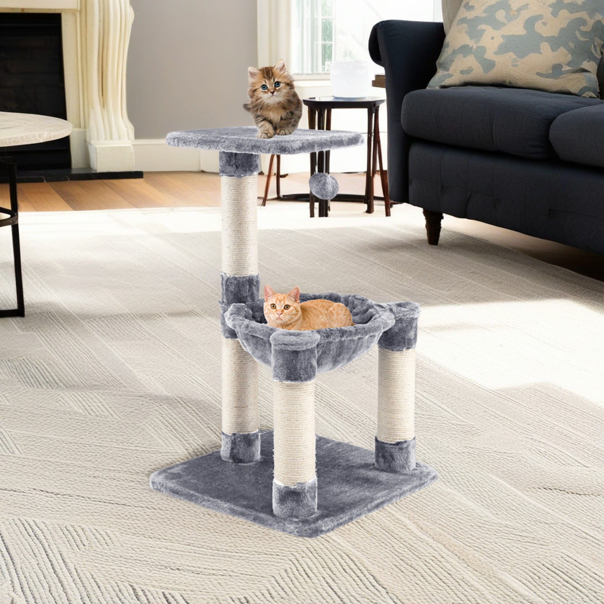 resenkos 25" Indoor Cat Scratching Post, Multi-level Cat Tree with Hammock, Cat Scratcher Tree with Sisal Rope and Hanging Ball, Gray