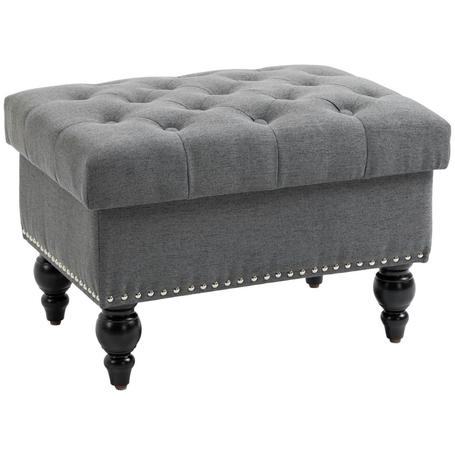 Demi Bonn 25" Storage Ottoman with Lift-Top Lid, Wooden Legs, Button Tufted Fabric Bench for Living Room, Gray