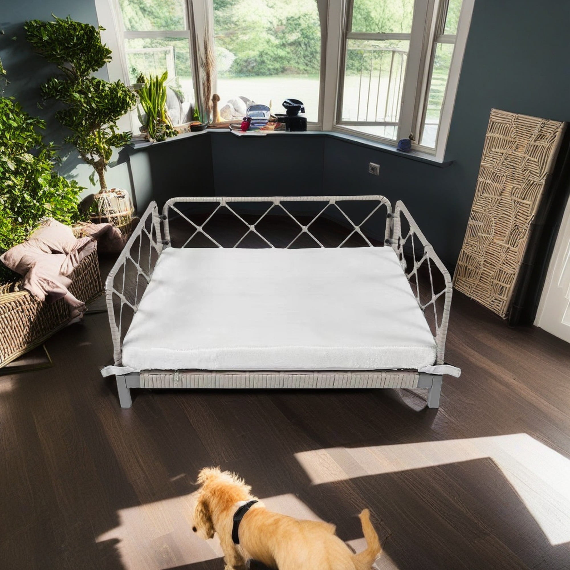 resenkos 25" Wicker Dog Bed for Small Dogs with Removable Mattress Cover in, Dog Sofa Bed, Modern Pet Bed Furniture for Puppies and Little Breeds, Gray