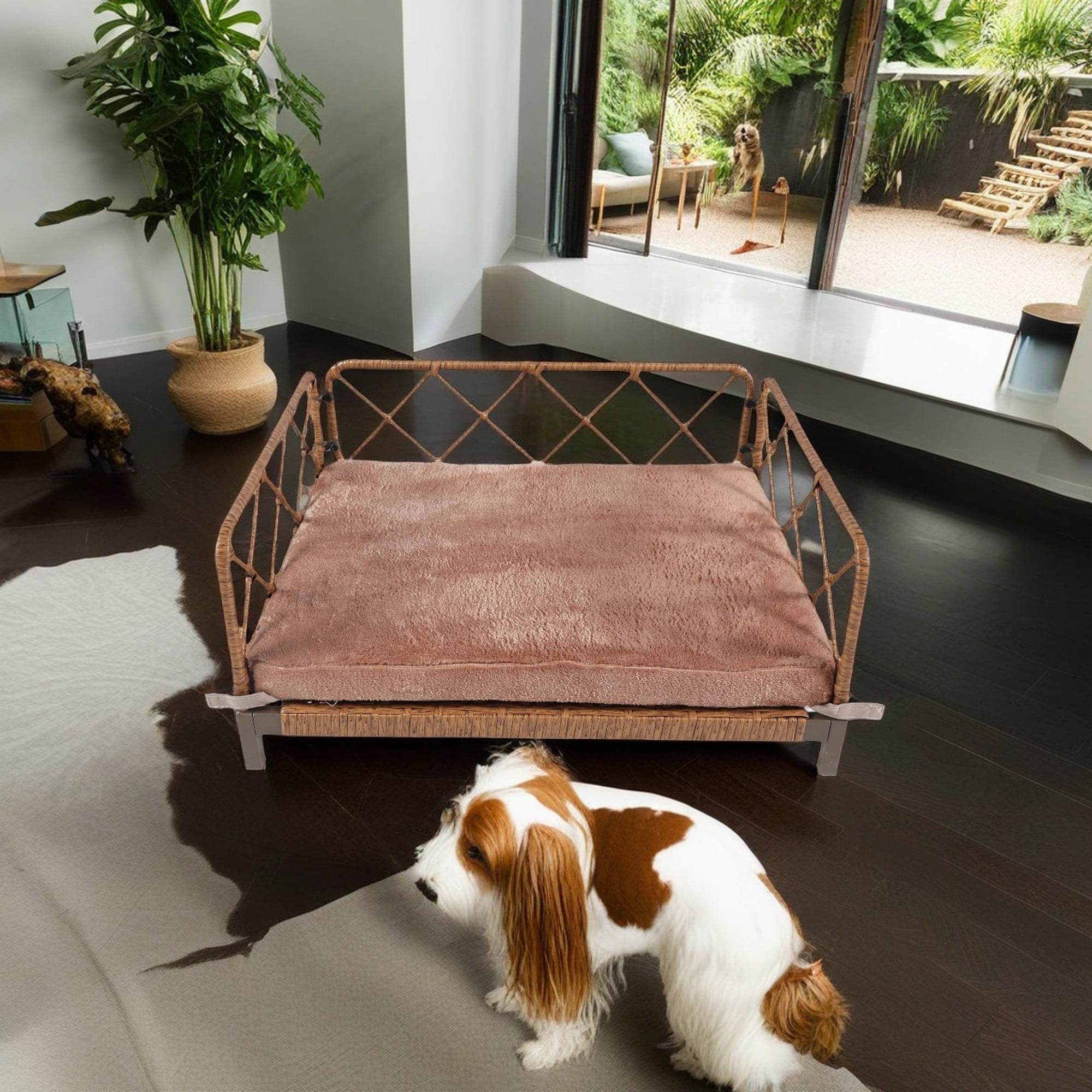 Kadyn 25" Wicker Dog Bed for Small Dogs with Removable Mattress Cover in, Dog Sofa Bed, Modern Pet Bed Furniture for Puppies and Little Breeds, Brown