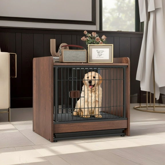 Demi Bonn 25" Wooden Dog Crate Furniture for Indoor Dogs, Dog Kennel with Pull-Out Tray and Lockable Door, Modern Dog Cage for Small/Medium Dogs, Brown