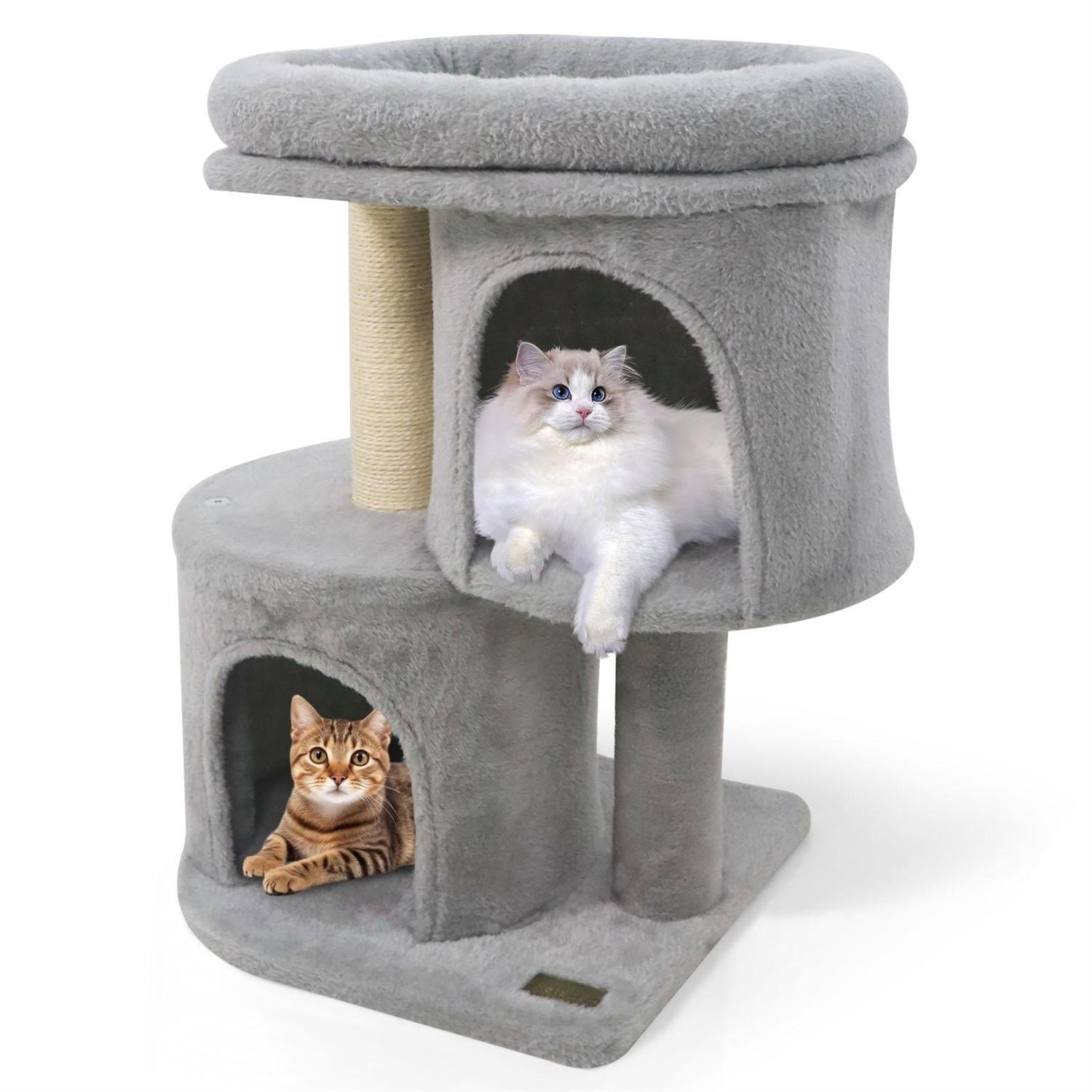 Pefilos 26" Cat Tower, Large Padded Perch & Dual Condos, Sisal Scratching Post & Anti-Toppling, Light Gray