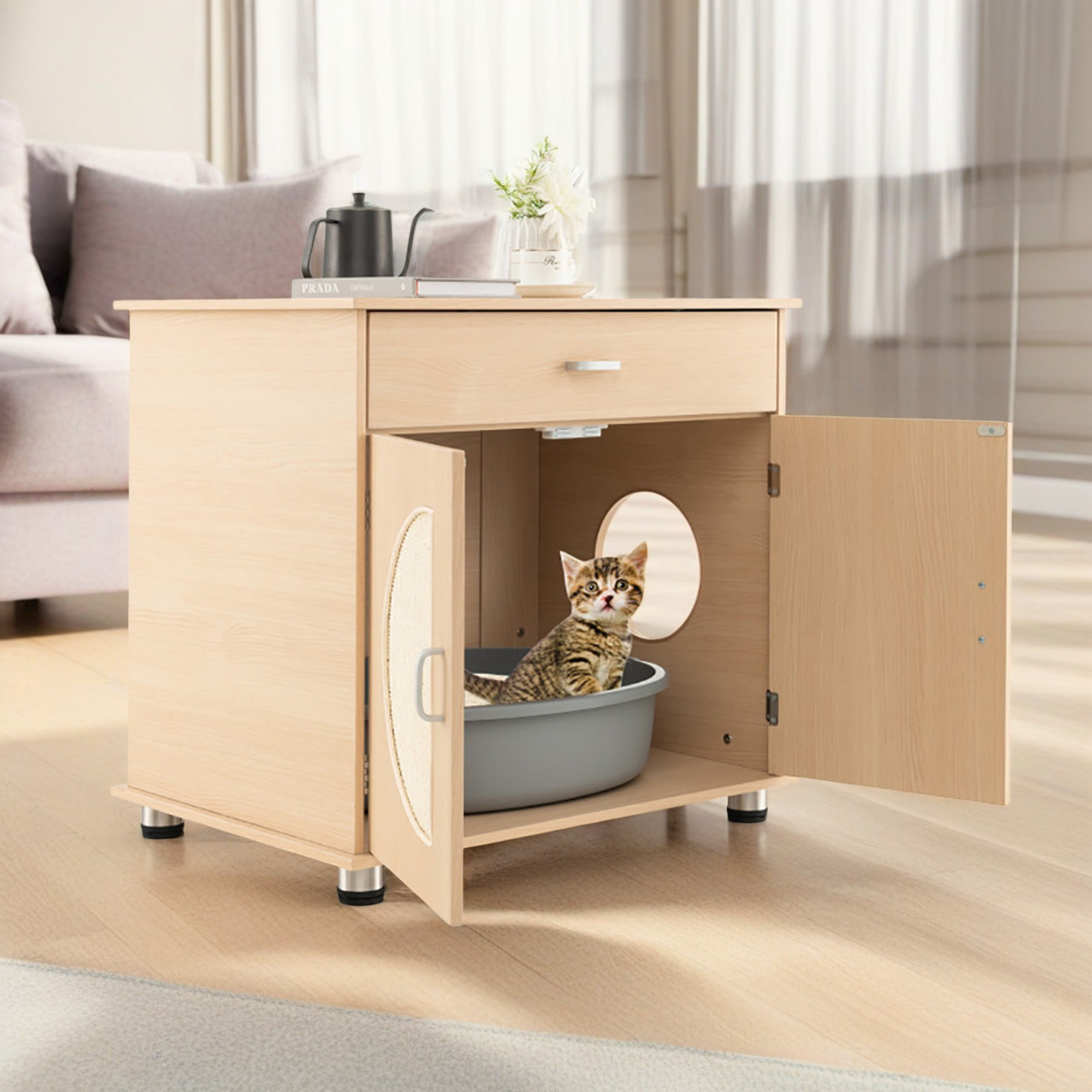 Kadyn 26" Hidden Cat Litter Boxes Enclosure Furniture with Sisal Scratching Doors, Cat House Suitable for Bedroom, Beige