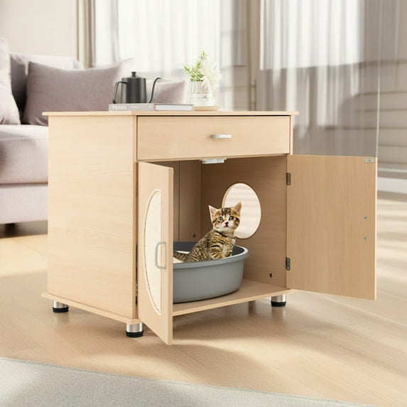 Demi Bonn 26" Hidden Cat Litter Boxes Enclosure Furniture with Sisal Scratching Doors, Cat House Suitable for Bedroom, Beige