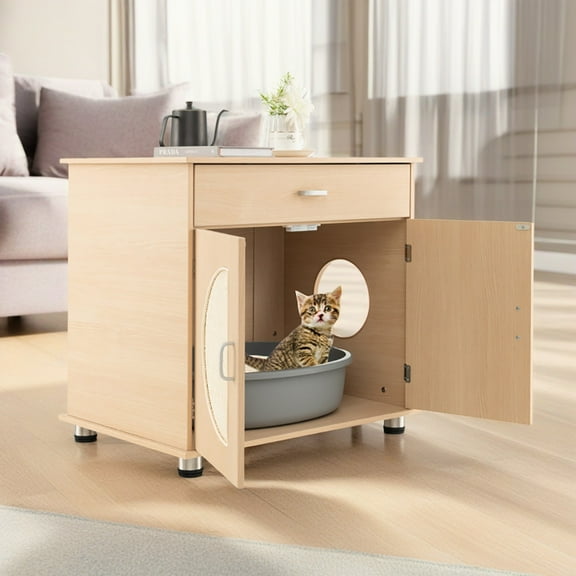 Demi Bonn 26" Hidden Cat Litter Boxes Enclosure Furniture with Sisal Scratching Doors, Cat House Suitable for Bedroom, Beige
