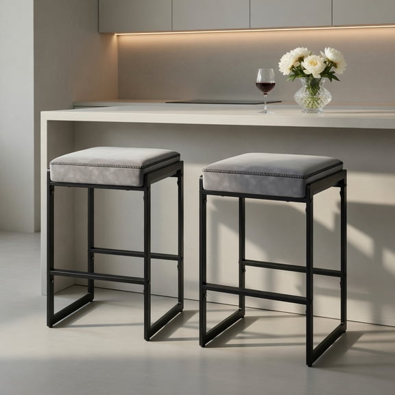Demi Bonn 26 Inch Counter Height Bar Stools Set of 2 with Faux Leather Upholstered Seat, Modern Kitchen Stools for Dining Room Island, Comfortable Cushion, Gray