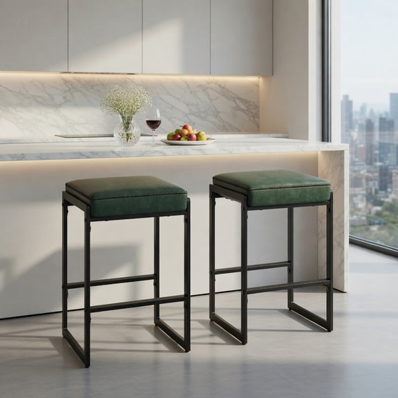 Demi Bonn 26 Inch Counter Height Bar Stools Set of 2 with Faux Leather Upholstered Seat, Modern Kitchen Stools for Dining Room Island, Comfortable Cushion, Green