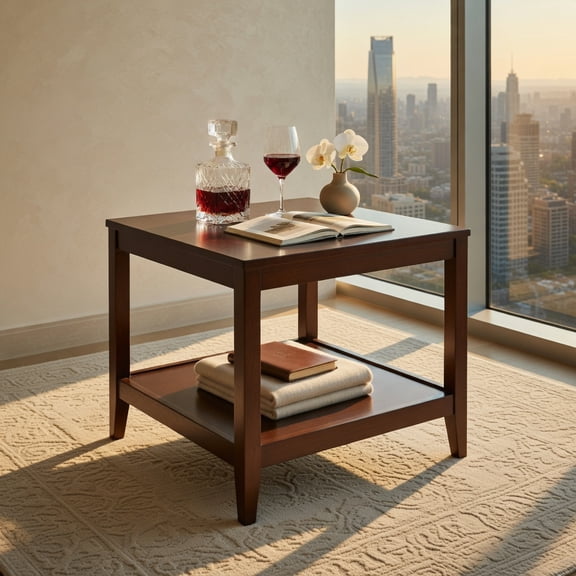 Demi Bonn 26" Solid Wood Square End Table, 2-Tier Side Table with Open Shelf Storage, Compact Wooden Nightstand or Small Coffee Table for Living Room, Bedroom & Office, Brown
