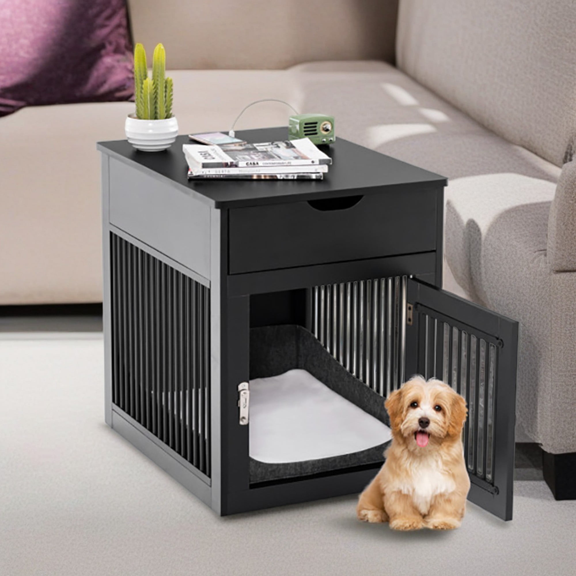 Kadyn 27" 2-In-1 Dog House with Drawer and Wired Wireless Charging, Indoor Dog Crates, Wooden Pet Dog Cages, Black