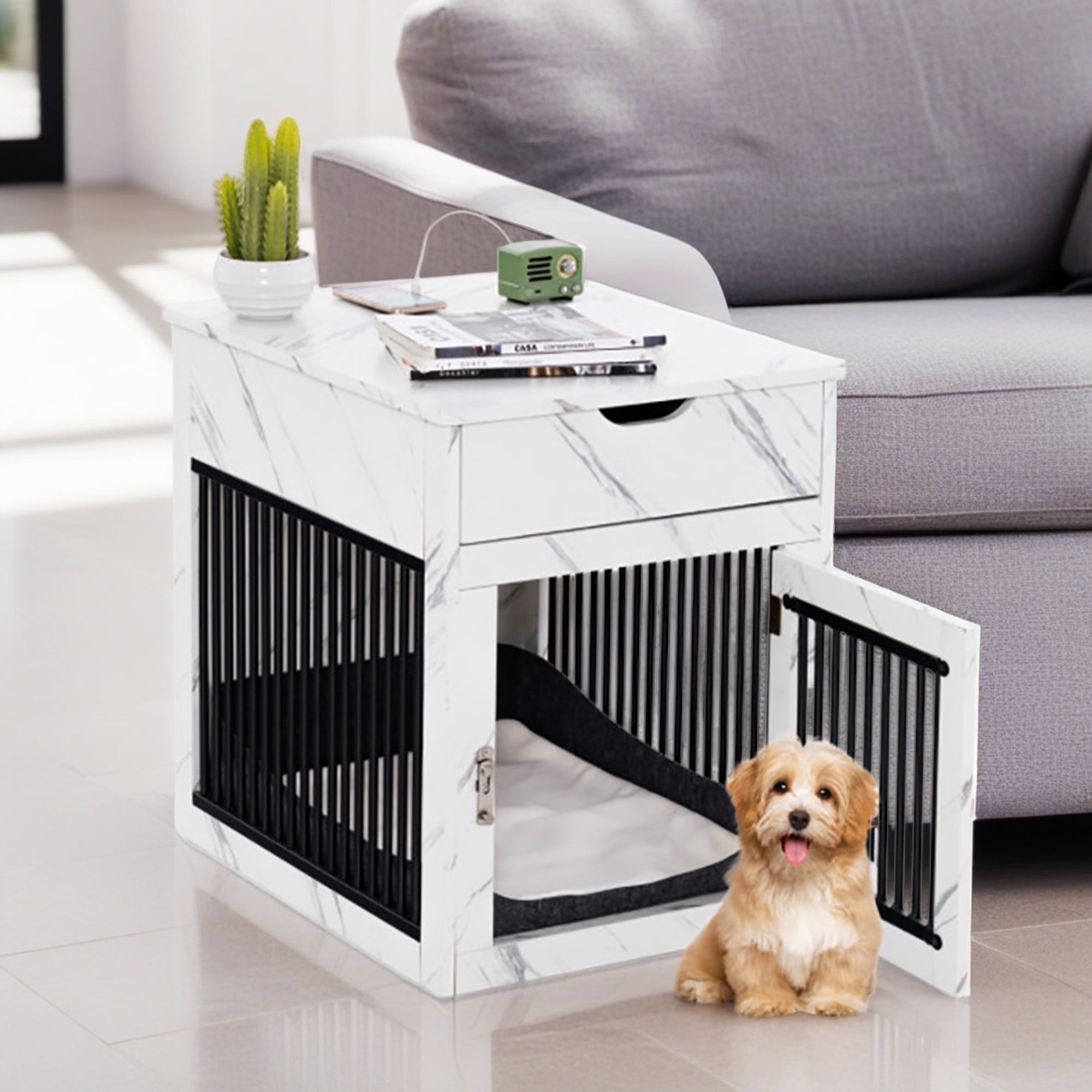 Kadyn 27" 2-In-1 Dog House with Drawer and Wired Wireless Charging, Indoor Dog Crates, Wooden Pet Dog Cages, White