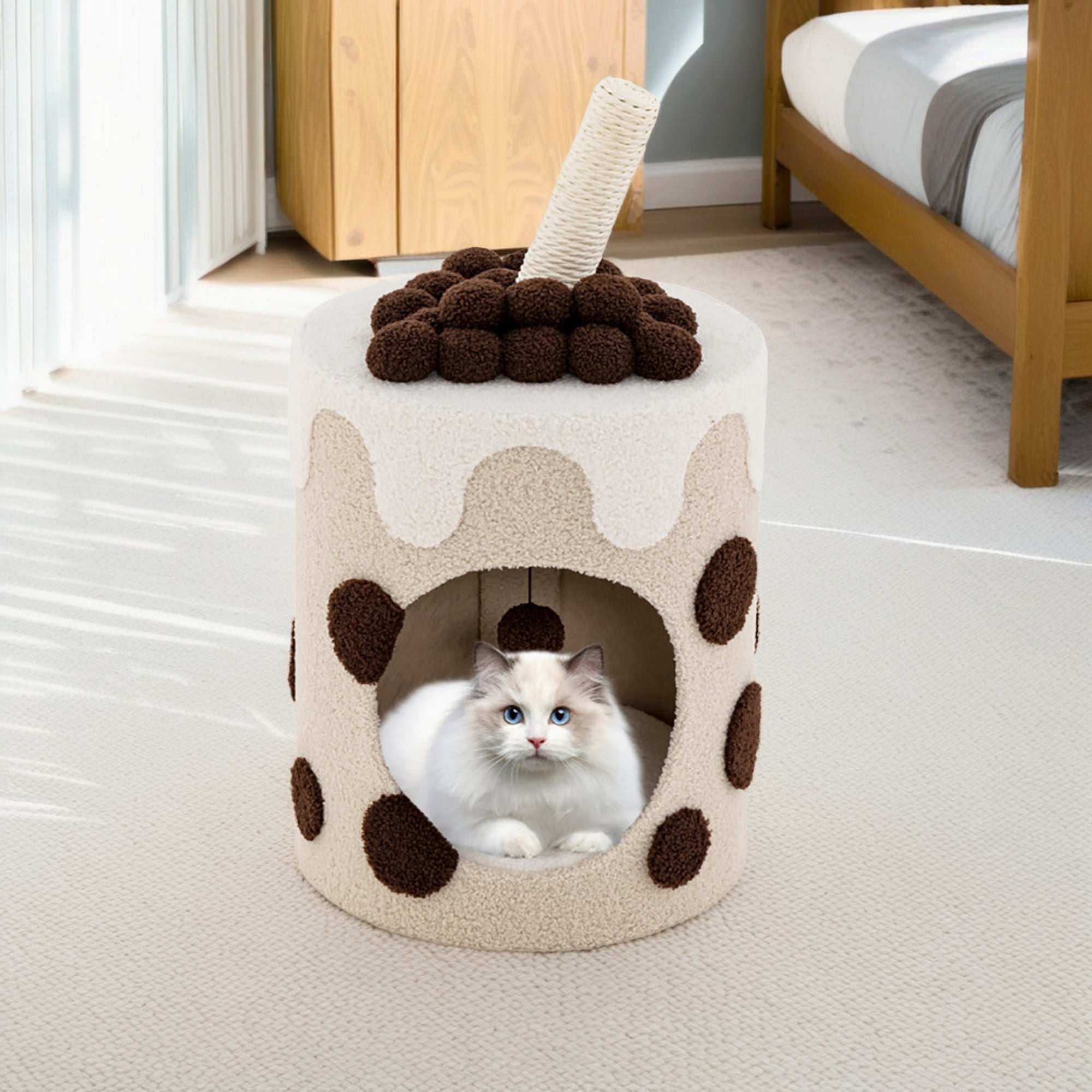 resenkos 27" Cat Cave Bed with Scratching Post, Cat House for Indoor Cats, Modern Cat Condo Cat Nest Cute Prevents Furniture Damage Cat Shelter, Coffee and Beige