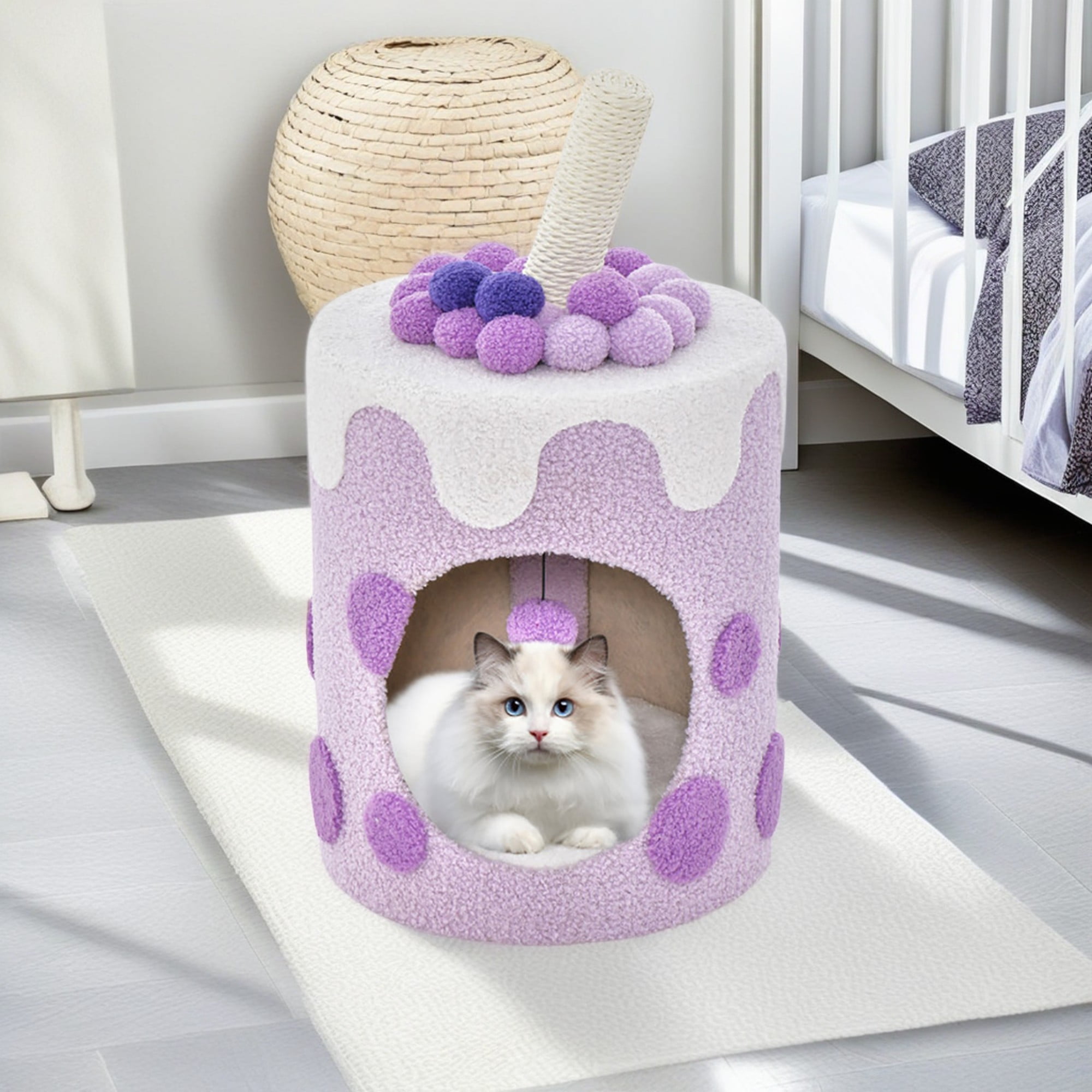 Kadyn 27" Cat Cave Bed with Scratching Post, Cat House for Indoor Cats, Modern Cat Condo Cat Nest Cute Prevents Furniture Damage Cat Shelter, Purple and White