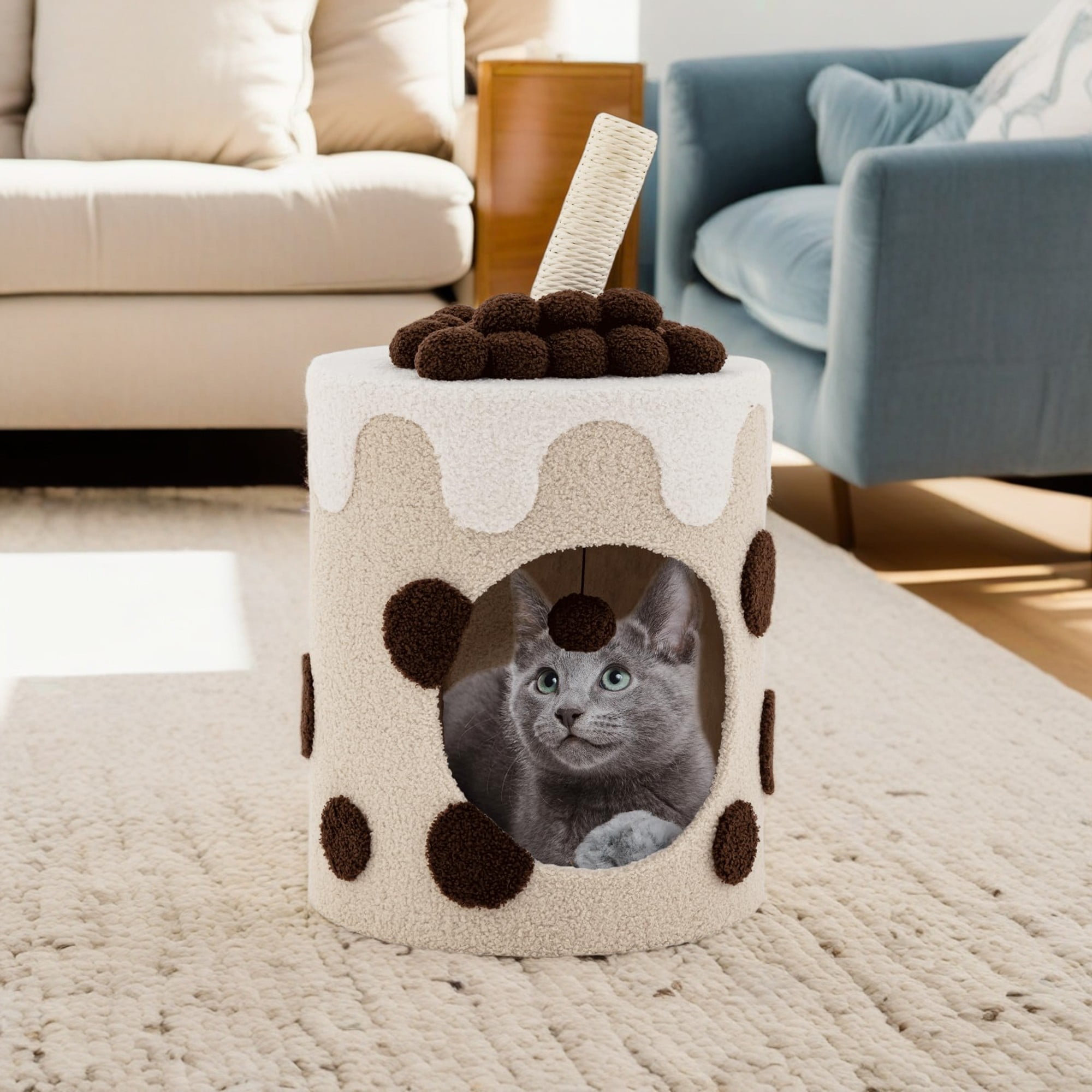 Kadyn 27" Cat House for Indoor Cats with Scratching Post, Cat Cave Bed, Cat Condo Modern Cat Nest Cute Cat Shelter, Coffee and Beige