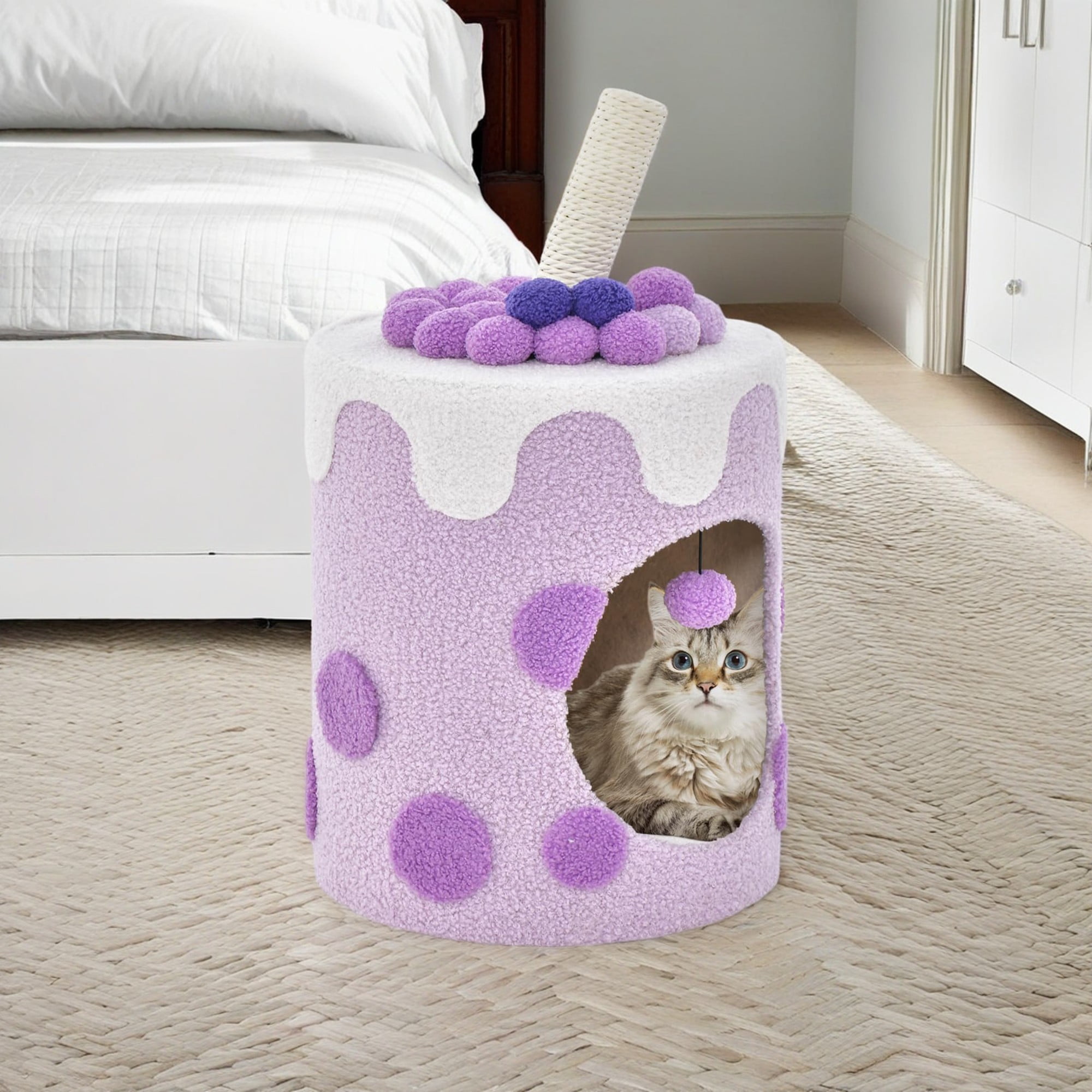 resenkos 27" Cat House for Indoor Cats with Scratching Post, Cat Cave Bed, Cat Condo Modern Cat Nest Cute Cat Shelter, Purple and White