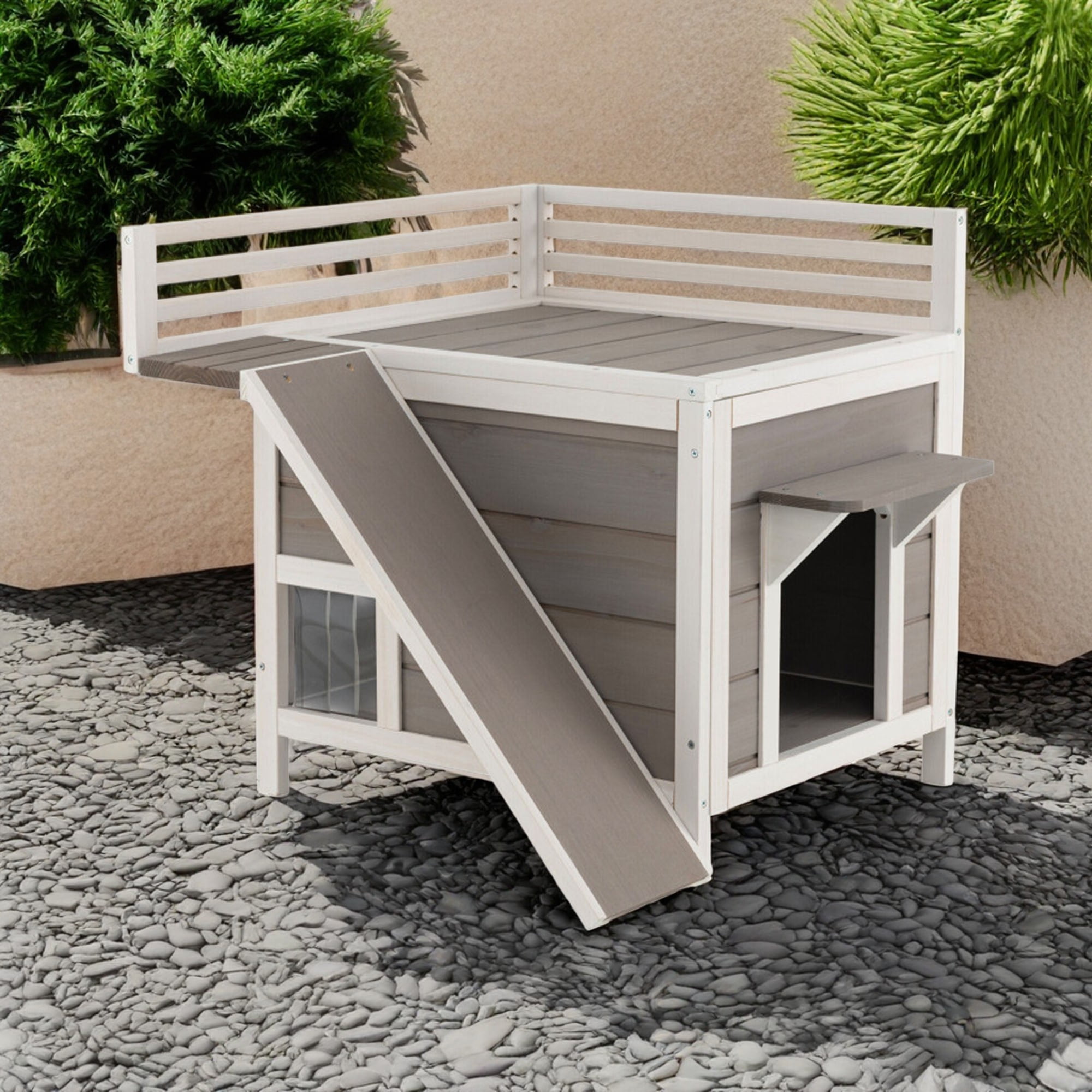 Kadyn 27" Cat House for Outdoor Cats, Weatherproof Cat Shelter with Escape Door, 2 Story Wood Cat Condo with Ladder, Gray