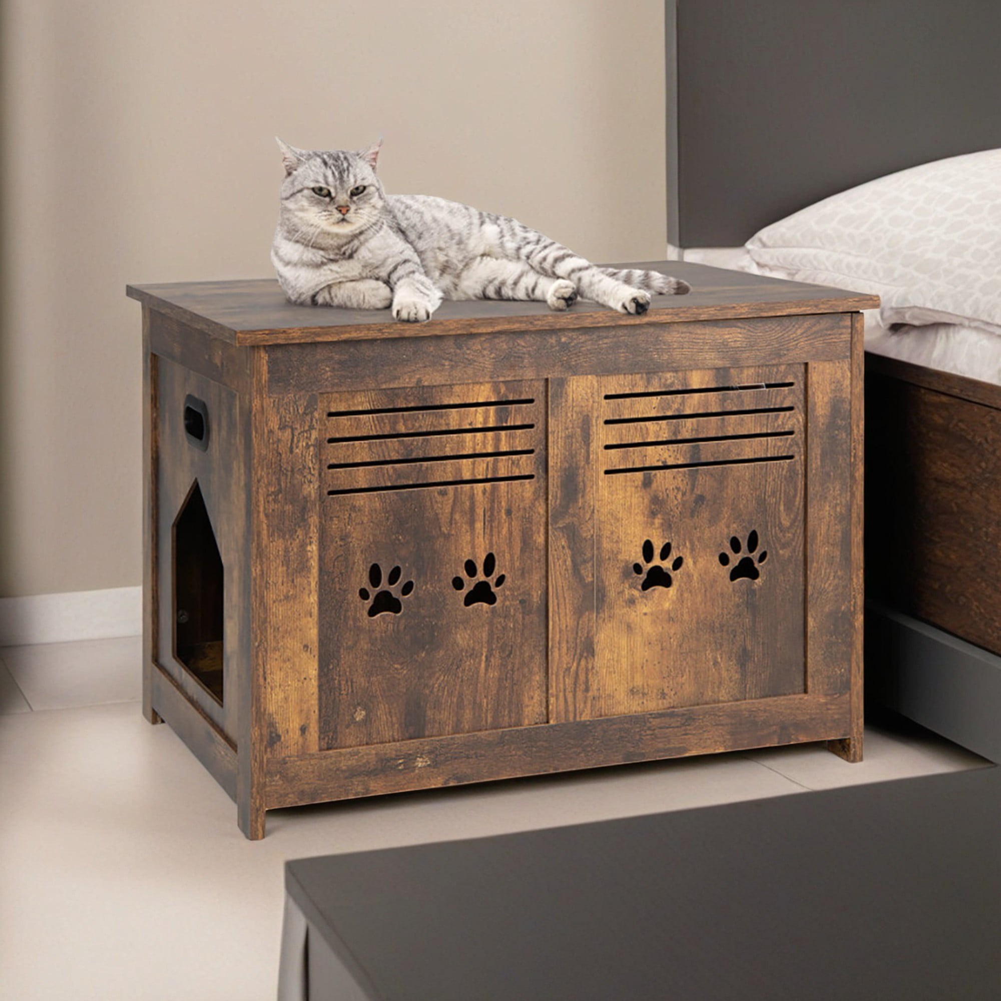 resenkos 27" Cat Litter Box Enclosure, Flip Top Hidden Litter Box Furniture, Wood Cat Washroom Cabinet Fit for Most of Cat and Litter Box, Cat House, Brown