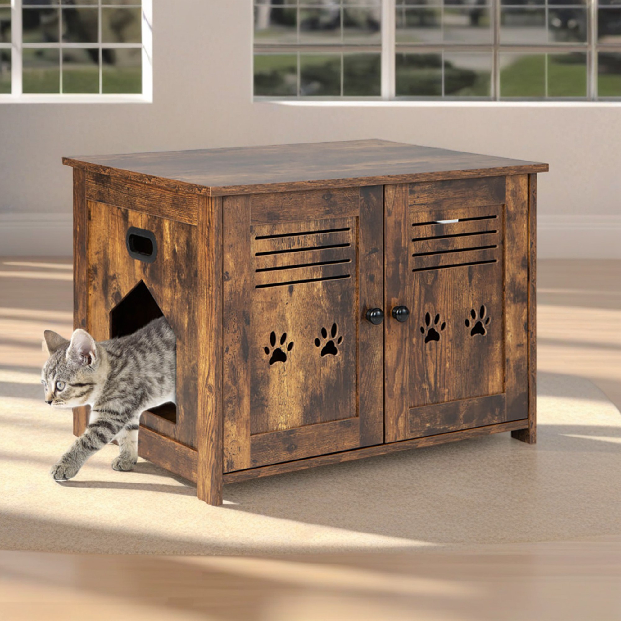 resenkos 27" Cat Litter Box Enclosure, Hidden Litter Box Furniture, Wood Cat House Washroom Cabinet Fit for Most of Cat and Litter Box, Brown