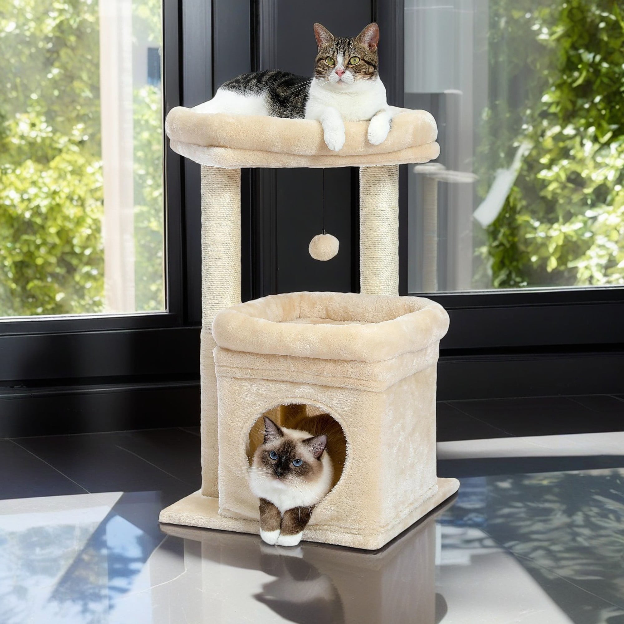 resenkos 27" Cat Tree Tower for Indoor Cats with Private Cozy Cat Condo, Natural Sisal Scratching Posts and Plush Pom-pom for Small Cats, Beige