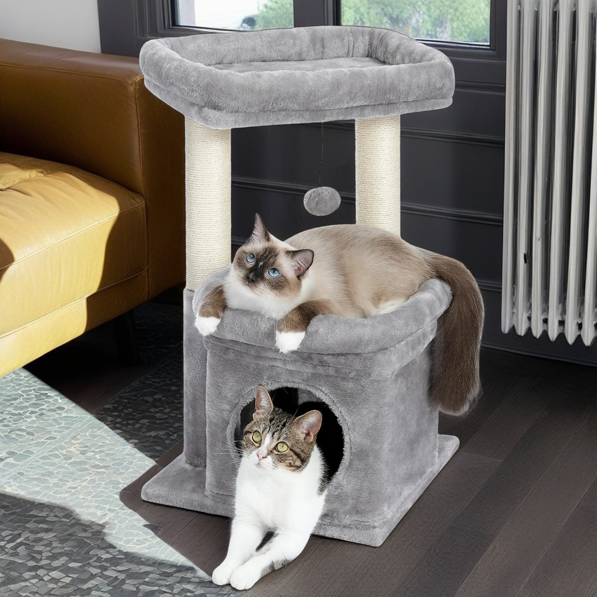 Kadyn 27" Cat Tree Tower for Indoor Cats with Private Cozy Cat Condo, Natural Sisal Scratching Posts and Plush Pom-pom for Small Cats, Gray