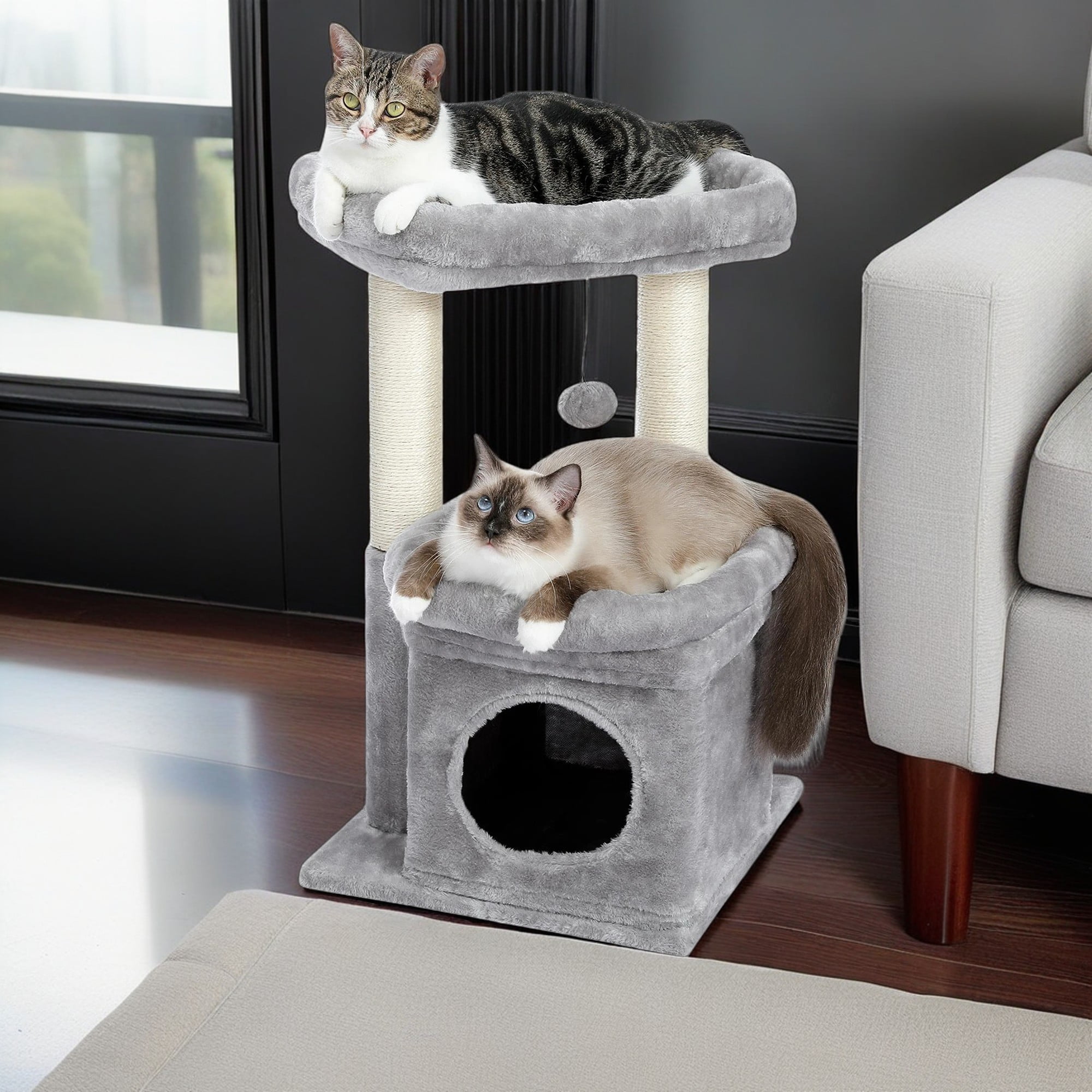Kadyn 27" Cat Tree Tower for Indoor Cats with Scratching Posts, Climbing Cute Cat Condo, Cat Tree House, Gray