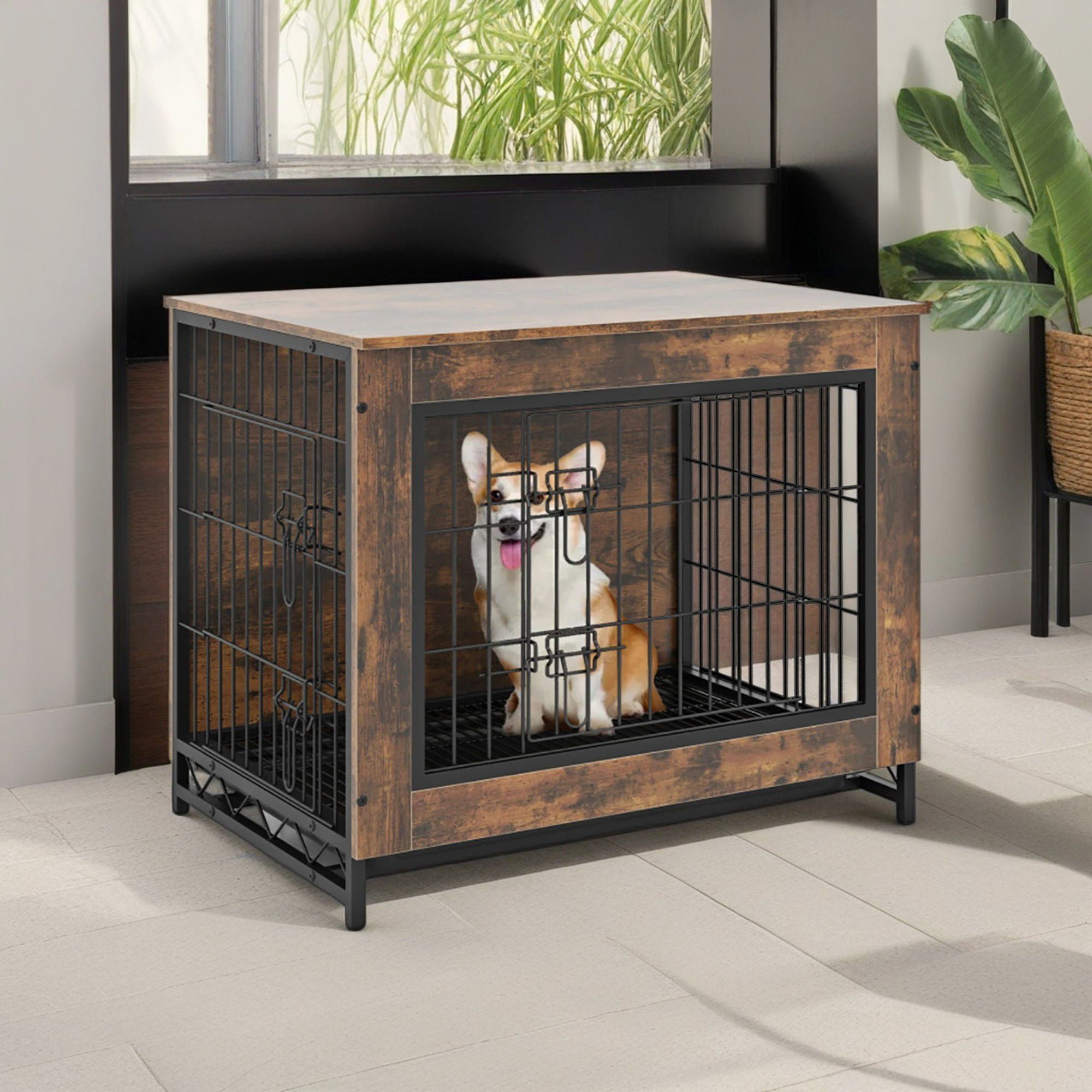 Demi Bonn 27" Dog Crate Furniture, Indoor Dog Kennel with Double Lockable Doors and Removable Tray, Decorative Pet Cage Dog House, Brown